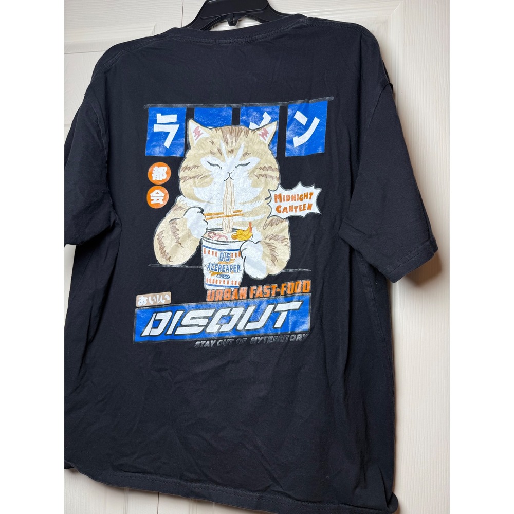 Aelfric Eden Mens Black Ramen Cat Graphic T-Shirt Midnight Canteen Large